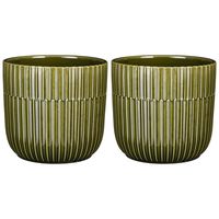 2x Stuks Plantenpot/bloempot keramiek glans donkergroen stripes patroon - D17.5/H16 cm - thumbnail