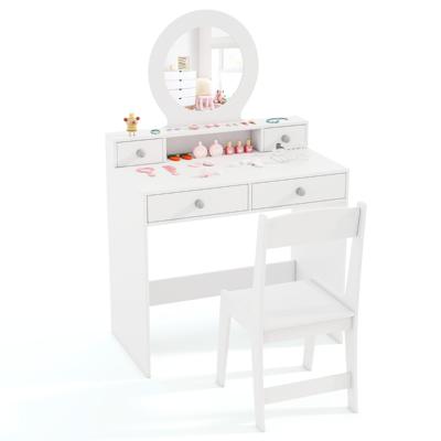 2-In-1 Kinderkaptafelset Kinderkaptafel met Spiegel Open Plank en 4 Laden Kaptafel met Kruk Make-Uptafel voor Kinderen 3+ Wit