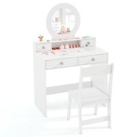 2-In-1 Kinderkaptafelset Kinderkaptafel met Spiegel Open Plank en 4 Laden Kaptafel met Kruk Make-Uptafel voor Kinderen 3+ Wit