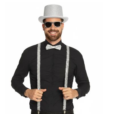 Carnaval verkleed set - pailletten hoedje/bretels/bril/vlinderstrik - zilver - volwassenen