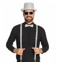 Carnaval verkleed set - pailletten hoedje/bretels/bril/vlinderstrik - zilver - volwassenen