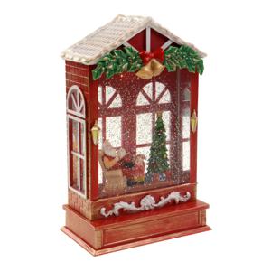 Snowglobe glitter lantaarn - kerstman huis - rood - 16 x 9 x 25,5 cm - met licht en muziek