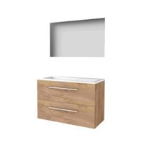 Basic-Line Ultimate 46 Badkamermeubelset - 100 x 46 cm - Met Grepen - 2 Lades - Acryl Wastafel - 2 Kraangaten - Spiegel met Indirecte LED Verlichting - Whisky Oak