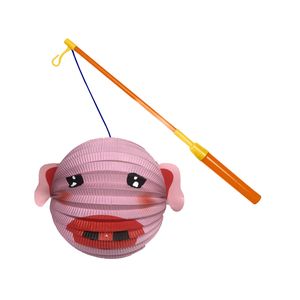 Bol lampion varken - roze - H20 cm - papier - met lampionstokje - 39 cm