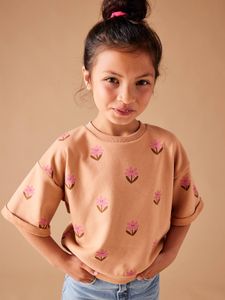 Meisjessweater met bloemen en korte mouwen perzik