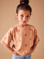 Meisjessweater met bloemen en korte mouwen perzik