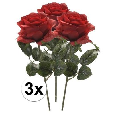 Kunstbloem roos Simone - 3x - rood - 45 cm - decoratie bloemen