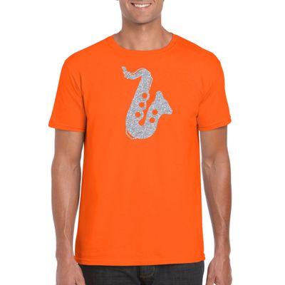 Zilveren saxofoon / muziek t-shirt / kleding oranje heren