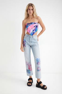 Straight cropped patch jeans - BLUE - 40