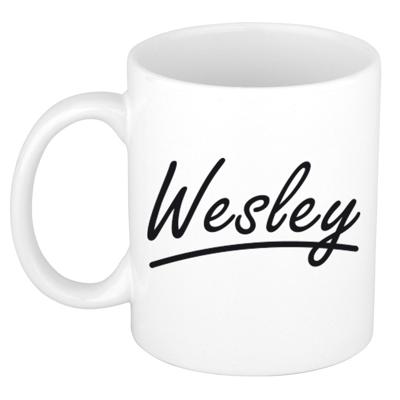 Wesley Naam koffiemok - beker - met sierlijke letters - wit - 300 ml - Cadeau - Heren Wesley Naam koffiemok - beker - met sierlijke letters - wit - 300 ml - Cadeau - Heren
