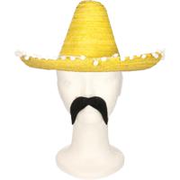 Carnaval verkleed set Gringo - Mexicaanse sombrero hoed - geel - met Western thema plaksnor - thumbnail