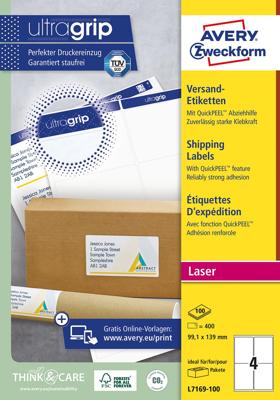 Avery L7169, Verzendetiketten, Laser, Ultragrip, wit, 100 vellen, 4 per vel, 99,1 x 139 mm