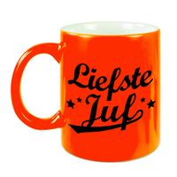 Liefste juf beker / mok neon oranje 330 ml - afscheidscadeau / bedankt cadeau - feest mokken - thumbnail