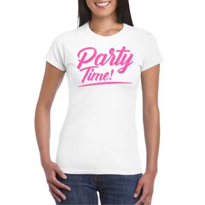 Verkleed T-shirt voor dames - party time - wit - roze glitter - carnaval/themafeest