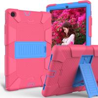 Voor Galaxy tab A 8.0 2019/T290 schokbestendige tweekleurige siliconen beschermhoes met houder (fuchsia roze + blauw)