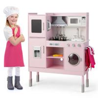 Keukenset voor Kinderen Keukenspeelgoed met Afzuigkap Ijsmachine en Telefoon 16 Accessoires Geluiden en Licht Houten Keuken Roze