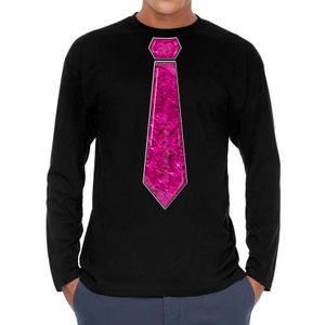 Bellatio Decorations Verkleed shirt heren - stropdas pailletten roze - zwart - carnaval - longsleeve 2XL  -