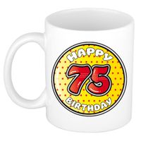 Verjaardag cadeau mok - 75 jaar - geel - sterretjes - 300 ml - keramiek