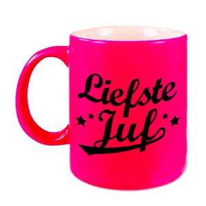 Liefste juf beker / mok neon roze 330 ml - afscheidscadeau / bedankt cadeau   -