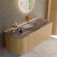 Badmeubel Mondiaz Kurve-Dlux | 115 cm | Meubelkleur Oak | Wastafelkleur Sombra | Solid surface | Wasbak rechter zijde spoelbak | 1 kraangat