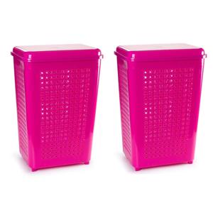 Wasmand met deksel - 2x stuks - 50 liter - roze - kunststof - 41 x 31 x 61 cm