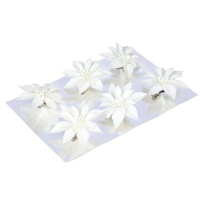 Kerstboom bloemen op clip - 6x stuks - wit - kunststof - kerstornamenten