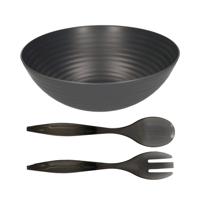 Salade/fruit diepe serveerschaal - antraciet - kunststof - D27 cm - met sla couvert/bestek - grijs