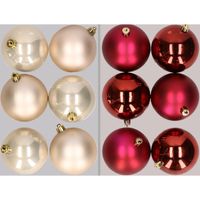 12x stuks kunststof kerstballen mix van champagne en donkerrood 8 cm   - - thumbnail