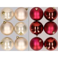 12x stuks kunststof kerstballen mix van champagne en donkerrood 8 cm   -