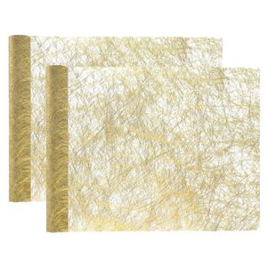 Kerst thema diner tafelloper op rol - 2x - metallic goud - 30 x 500 cm - polyester