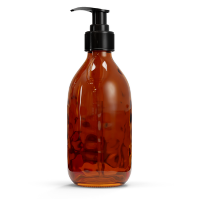 Glazen fles - Bruin (incl. varierende doppen) 300 ml / Zeeppompje