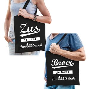 Zus en Broer je bent fanTAStisch tasje zwart - Cadeau Broer en Zus   -