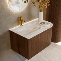 Badmeubel Mondiaz Kurve-Dlux | 75 cm | Meubelkleur Walnut | Wastafelkleur Glace | Solid surface | Links spoelbak | 1 kraangat