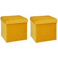 Poef/hocker - 2x - opbergbox - fluweel geel - kunststof/mdf - 31 x 31 x 31 cm - opvouwbaar