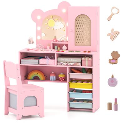 Kinderkaptafel met Lichte Houten Prinsessen-stijl Kaptafel en Stoelenset-Roze