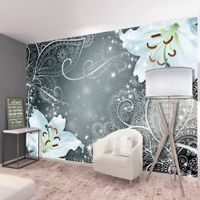 Zelfklevend fotobehang -  Oosterse Bloemen in grijs wit  , Premium Print - thumbnail