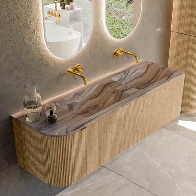 Badmeubel Mondiaz Kurve-Dlux | 145 cm | Meubelkleur Oak | Wastafelkleur Sombra | Solid surface | Dubbel / Rechts spoelbak | Zonder kraangat(en)