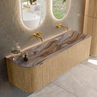 Badmeubel Mondiaz Kurve-Dlux | 145 cm | Meubelkleur Oak | Wastafelkleur Sombra | Solid surface | Dubbel / Rechts spoelbak | Zonder kraangat(en) Badmeubel Mondiaz Kurve-Dlux | 145 cm | Meubelkleur Oak | Wastafelkleur Sombra | Solid surface | Dubbel / Rechts spoelbak | Zonder kraangat(en)