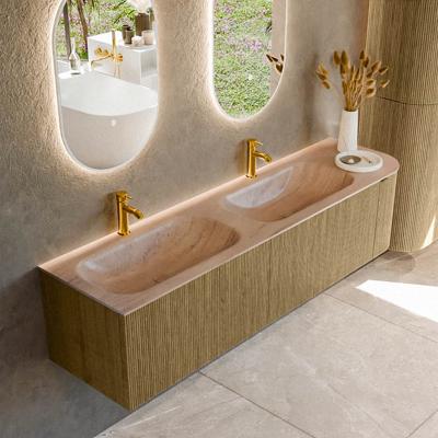 Badmeubel Mondiaz Kurve-Dlux | 175 cm | Meubelkleur Dusk | Wastafelkleur Saba | Solid surface | Dubbel / Links spoelbak | 2 kraangaten