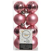 Decoris kleine kerstballen - 16x st - lippenstift roze - 4 cm - kunststof - onbreekbare kerstballen - thumbnail