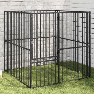VidaXL Hondenkennel 4 panelen gepoedercoat staal zwart