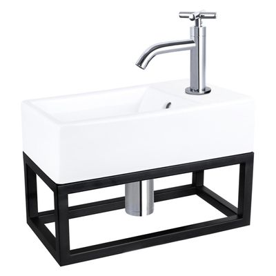Differnz Force fonteinset - 40x22x11.5cm - Rechthoek - 1 kraangat - Gebogen chromen kraan - met zwart frame - kruisgreep - Keramiek Wit 38.401.62