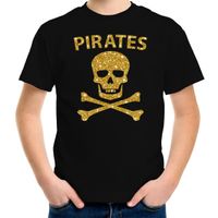 Carnaval piraten t-shirt zwart voor kids met gouden glitter bedrukking XL (158-164)  -
