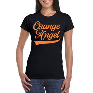 Verkleed T-shirt voor dames - orange angel - zwart - glitter - EK/WK voetbal supporter - Nederland