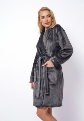 Grijze damesbadjas voorzien van kleine kroon borduring - fleece-m