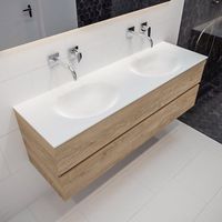 MONDIAZ VICA Badkamermeubelset - 150cm - 2 lades - wasbak Moon dubbel - 0 kraangaten - solid surface washed oak PC75341211