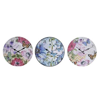 Muurklok DKD Home Decor Multicolour Blommor Hout MDF (34 x 4 x 34 cm) (3 Stuks)