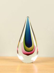 Glassculptuur druppel blauw/groen/roze, 23 cm