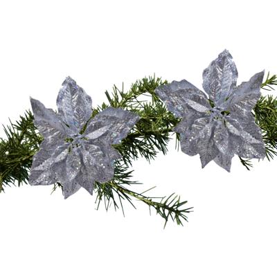 Kerstboomversiering Kerstster - 2x - 23 cm - zilver glitter - op clip - ornament - ster