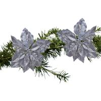 Kerstboomversiering Kerstster - 2x - 23 cm - zilver glitter - op clip - ornament - ster